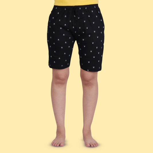 Cotton Printed Night Shorts Black and Grey