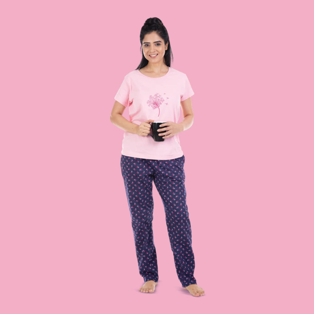 Cotton Night Suit Pajama Set- Light Pink & Navy Blue