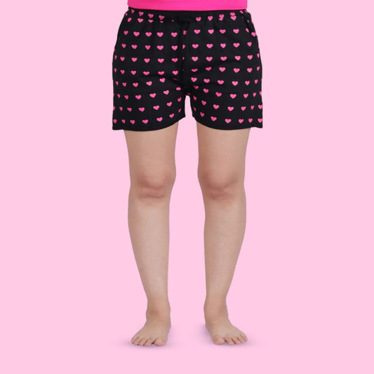 Cotton Black Heart Printed Mini Shorts