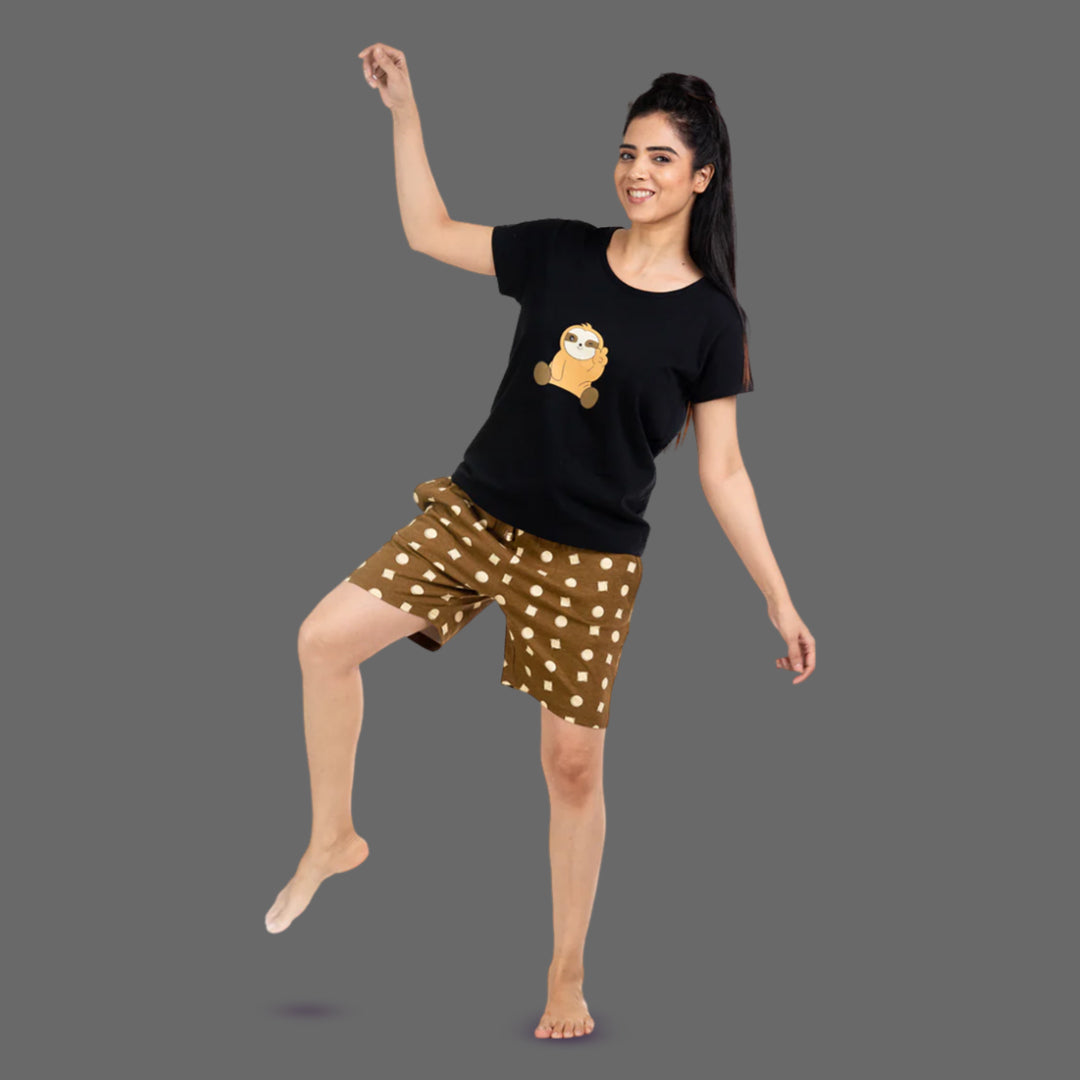 Cotton Printed Night Shorts Set - Black & Brown