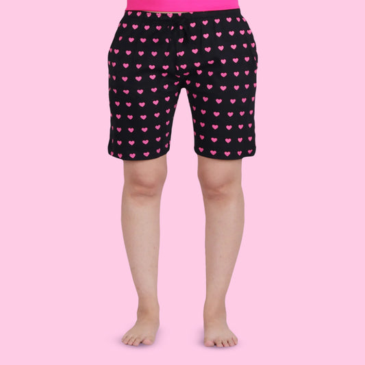 Cotton Printed Night Shorts Black and Pink