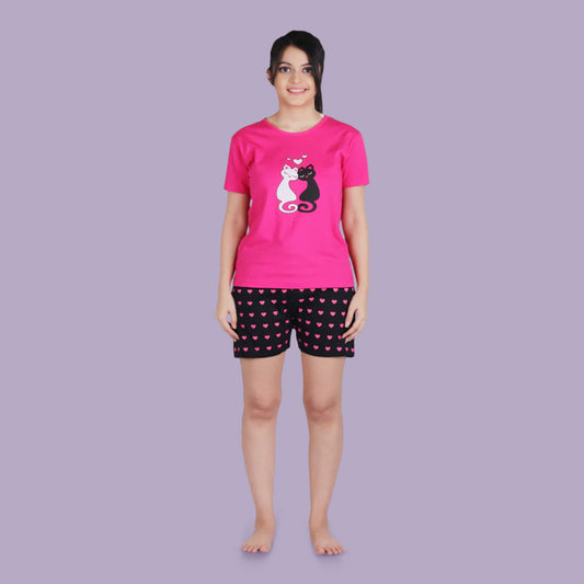 Cotton Printed Night Mini Shorts Set- Pink & Black