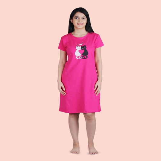 pink color cotton short night wear with two cats sitting as as chest print design