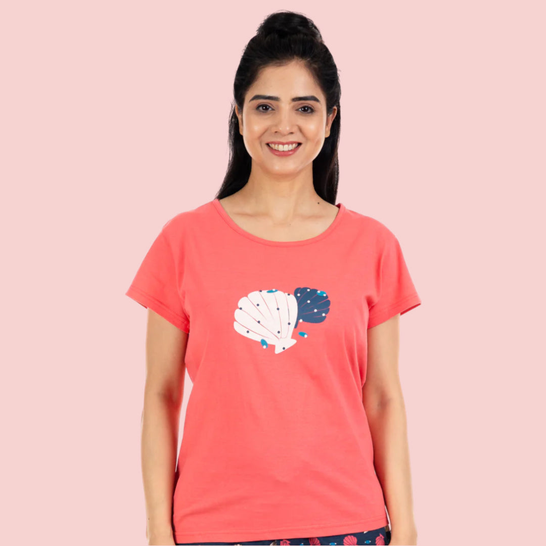 Cotton Printed Night Shorts Set - Coral & Navy Blue