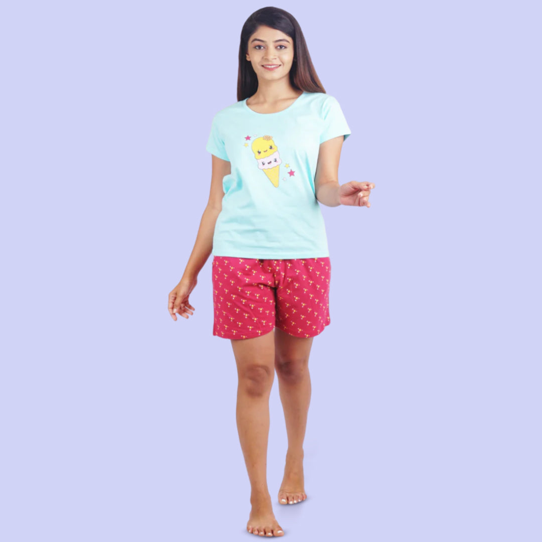 Cotton printed Night Shorts Set - Light Blue & Maroon