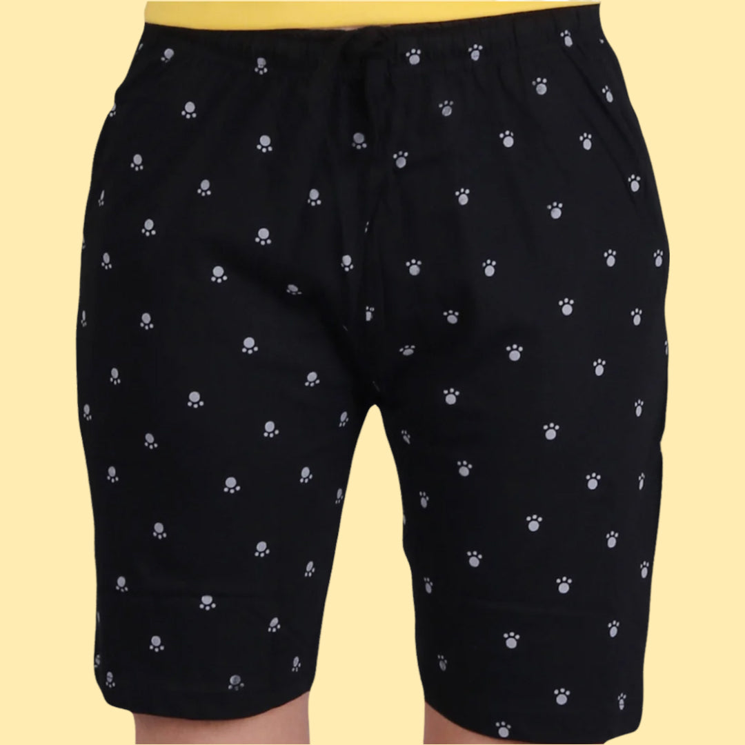 Cotton Printed Night Shorts Black and Grey