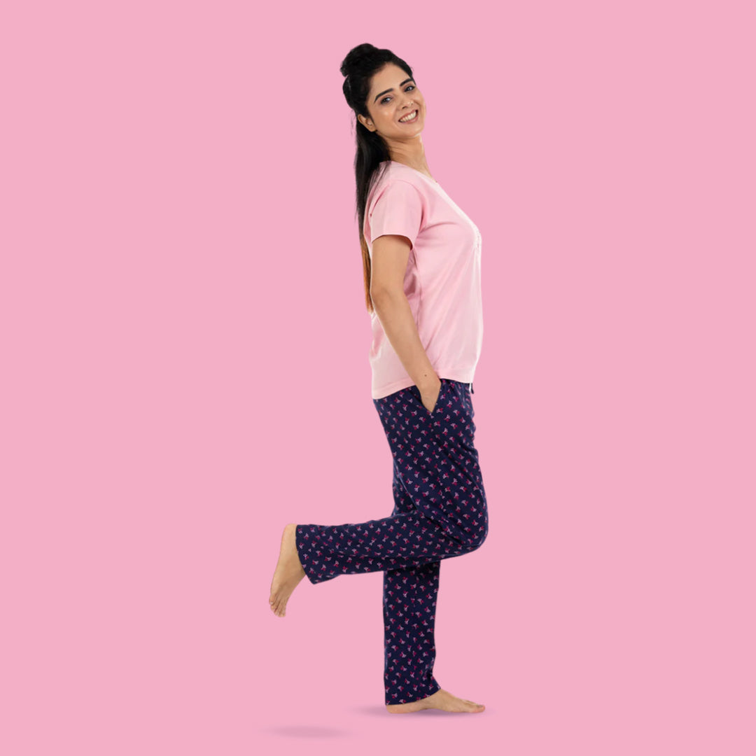 Cotton Night Suit Pajama Set- Light Pink & Navy Blue