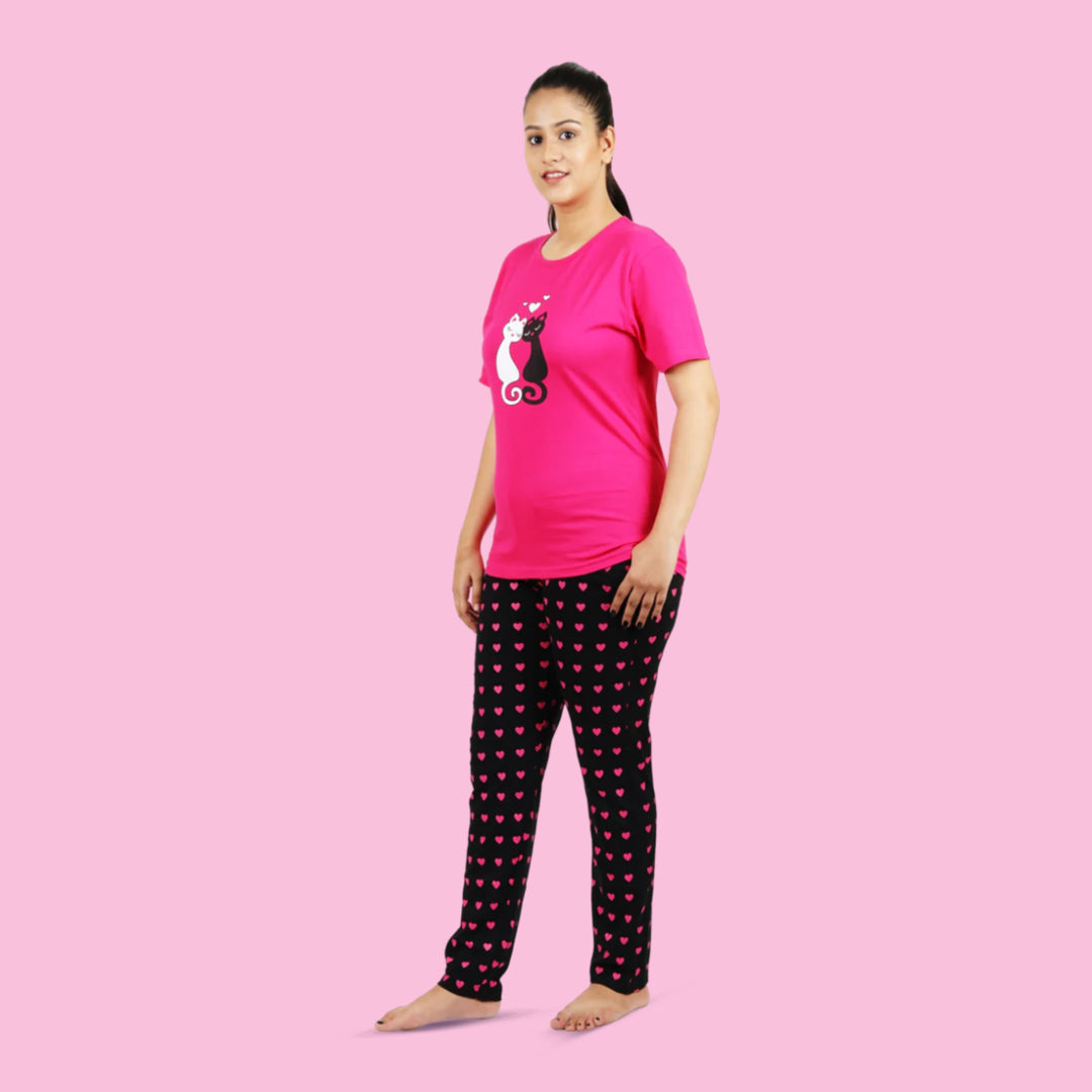 Cotton Night Suit Pajama Set - Pink and Black
