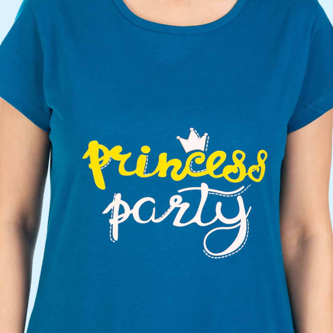 closeup view of chest print design, writing princess party in yellow and white color
