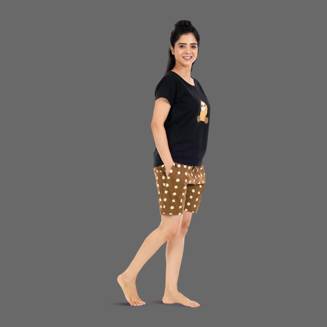 Cotton Printed Night Shorts Set -  Black & Brown