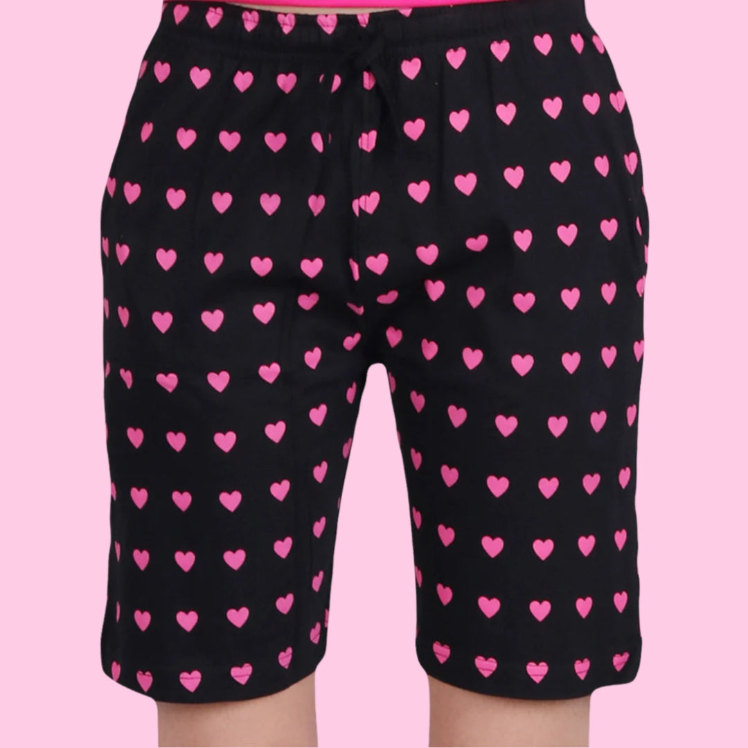 Cotton Printed Night Shorts Black and Pink