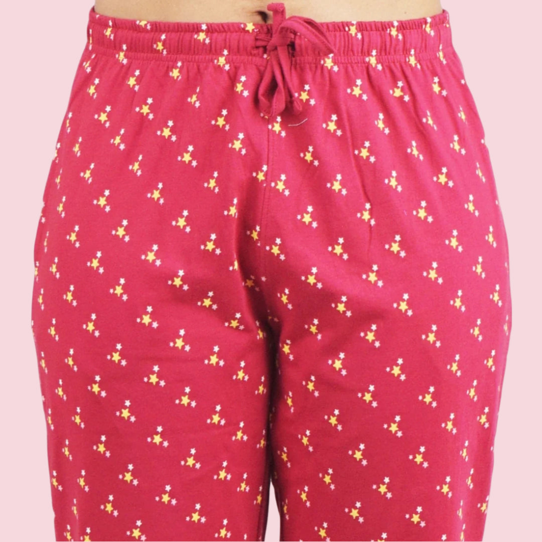 Maroon Cotton Printed Pyjama for Ladies