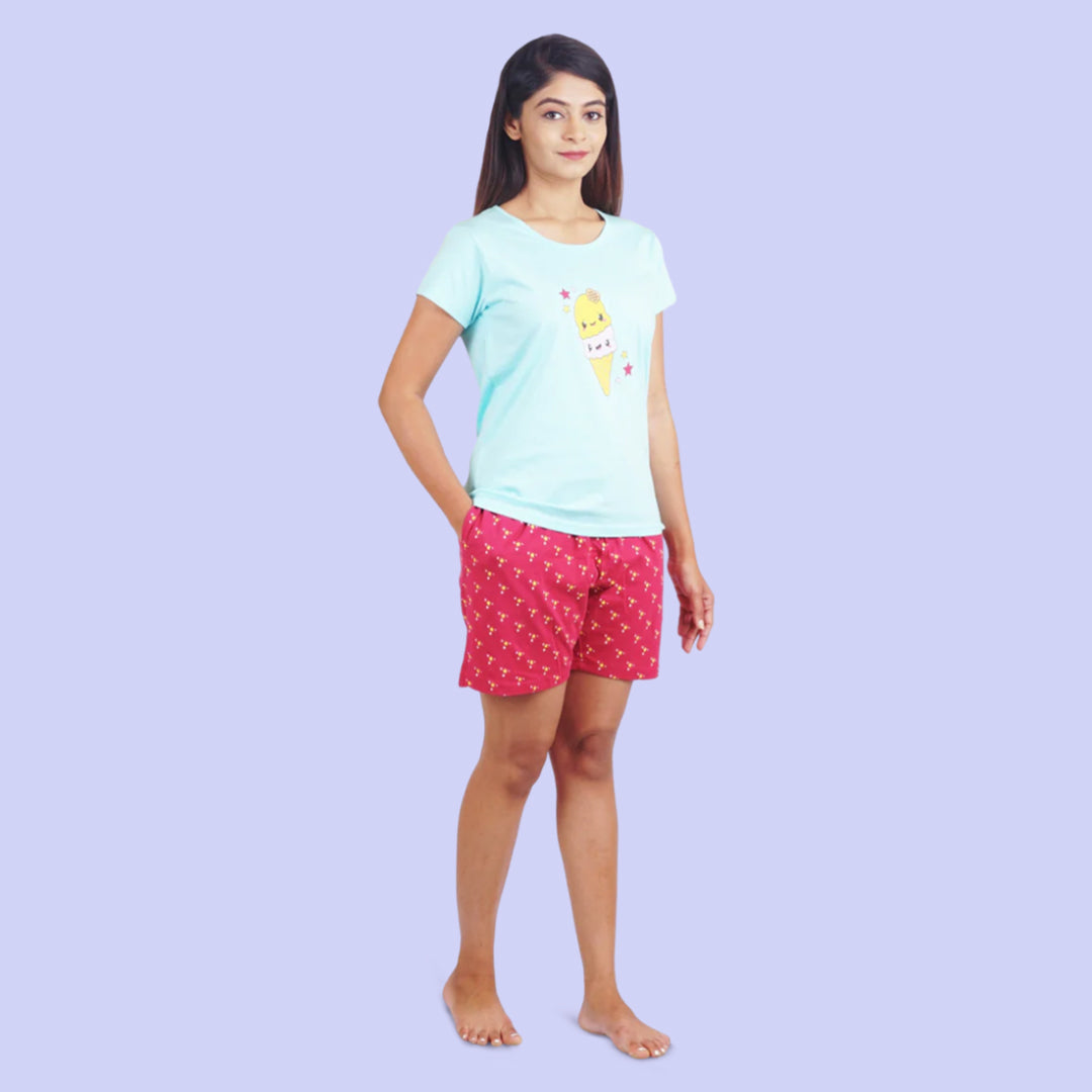 Cotton printed Night Shorts Set - Light Blue & Maroon