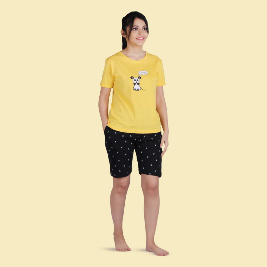 Cotton Printed Night Shorts Set - Yellow and Black