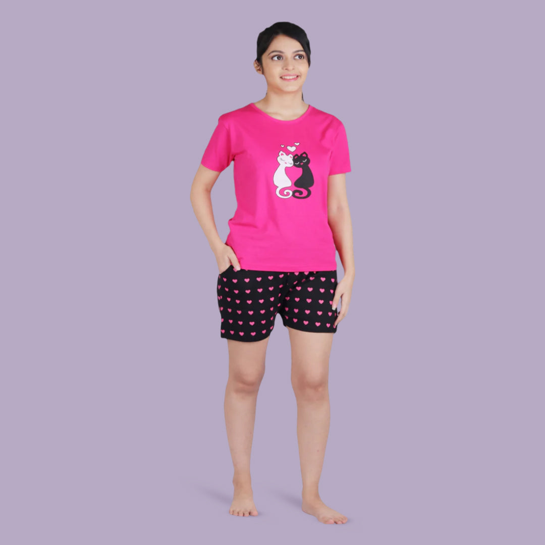 Cotton Printed Night Mini Shorts Set- Pink & Black