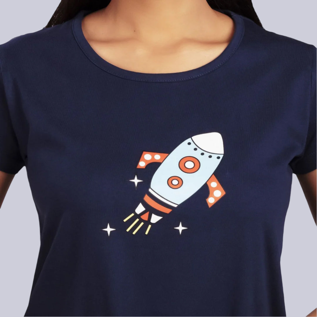 Cotton Knee Length Short Nightdress - Navy Blue