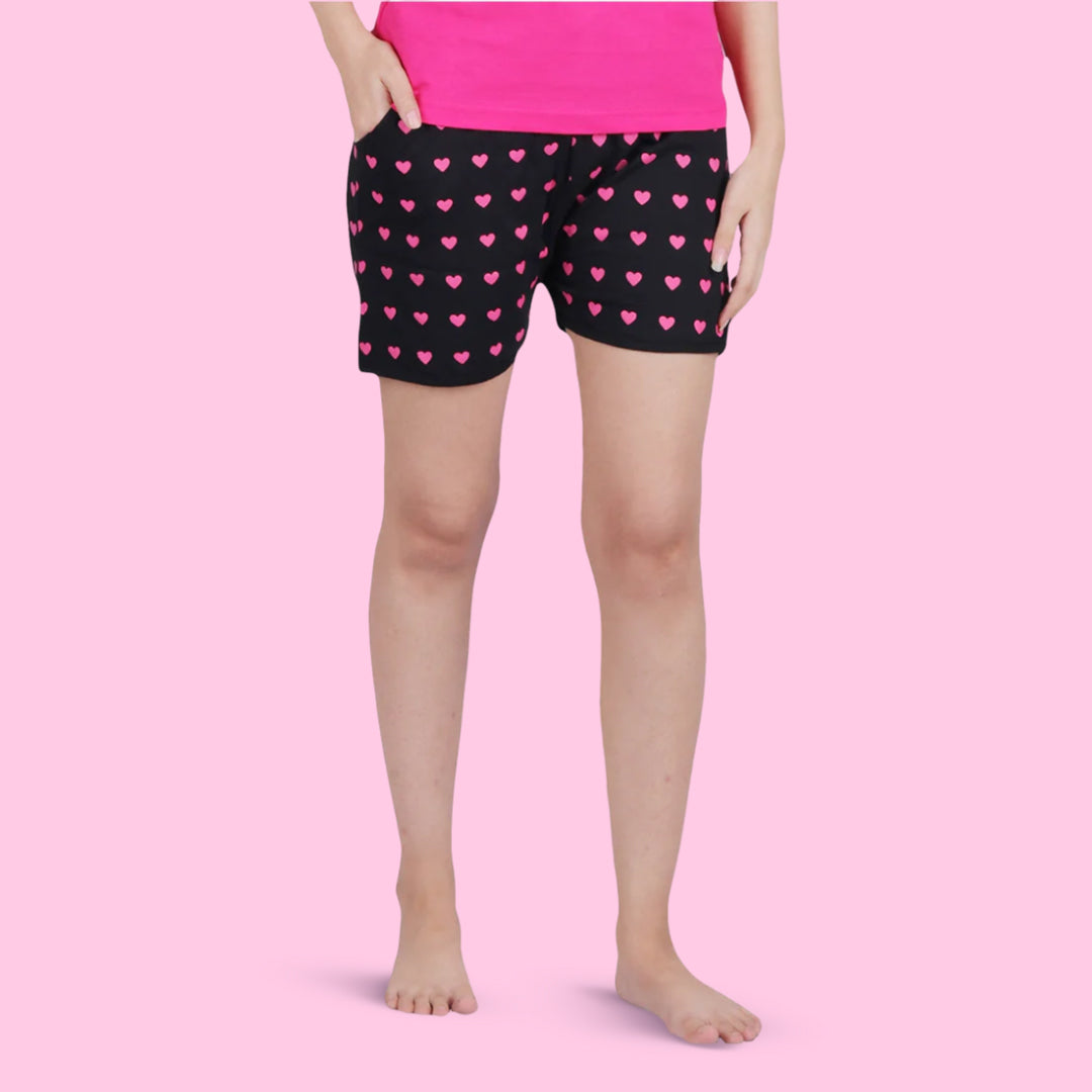 Cotton Black Heart Printed Mini Shorts