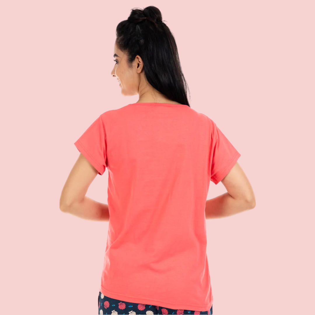 Cotton Printed Night Shorts Set - Coral & Navy Blue