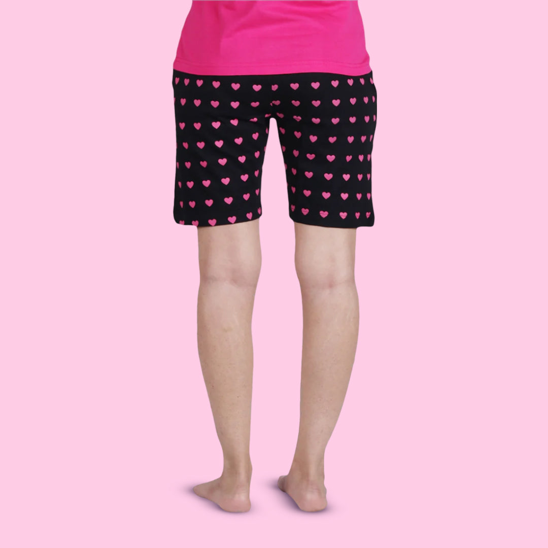 Cotton Printed Night Shorts Black and Pink