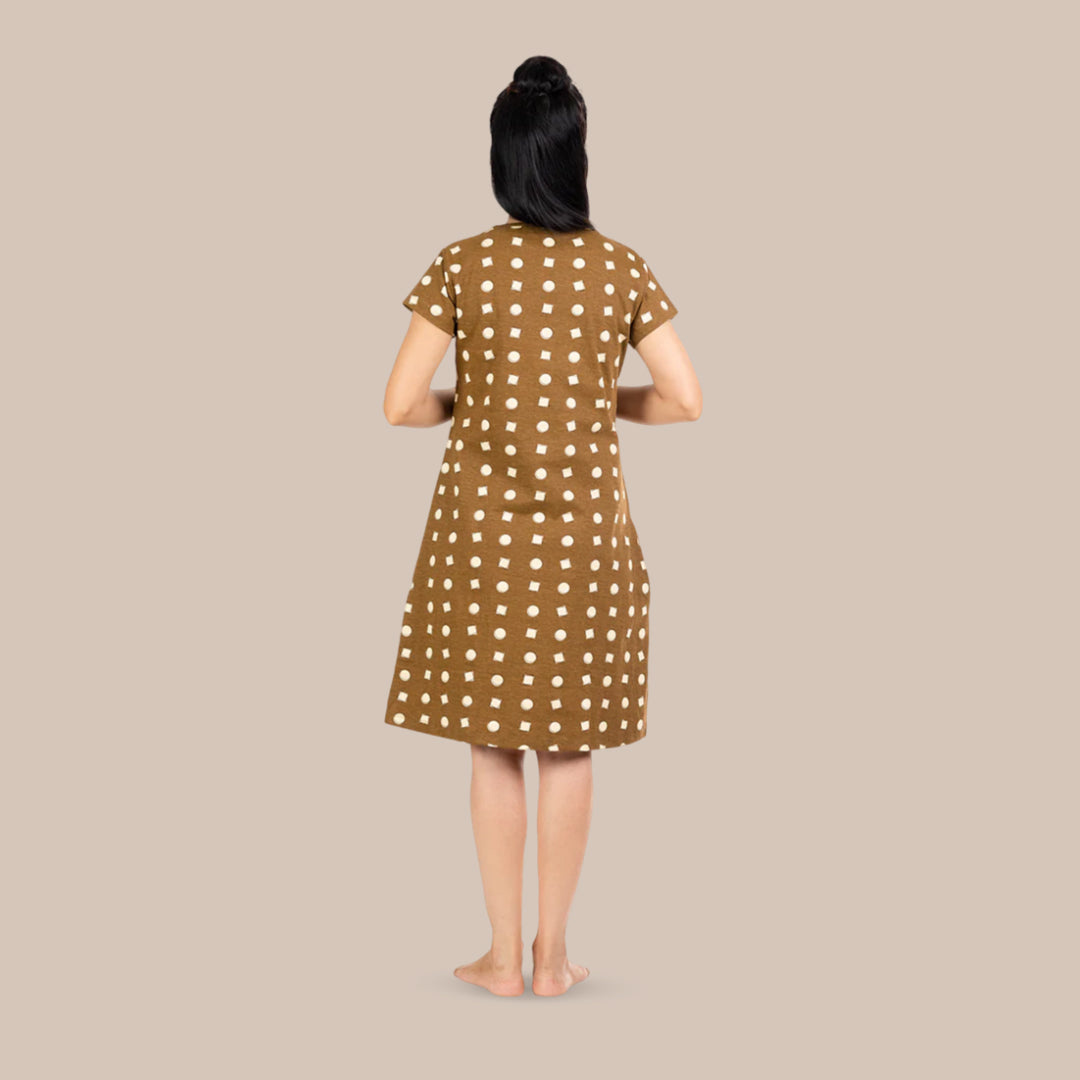 Cotton Knee Length Short Nightdress - Brown