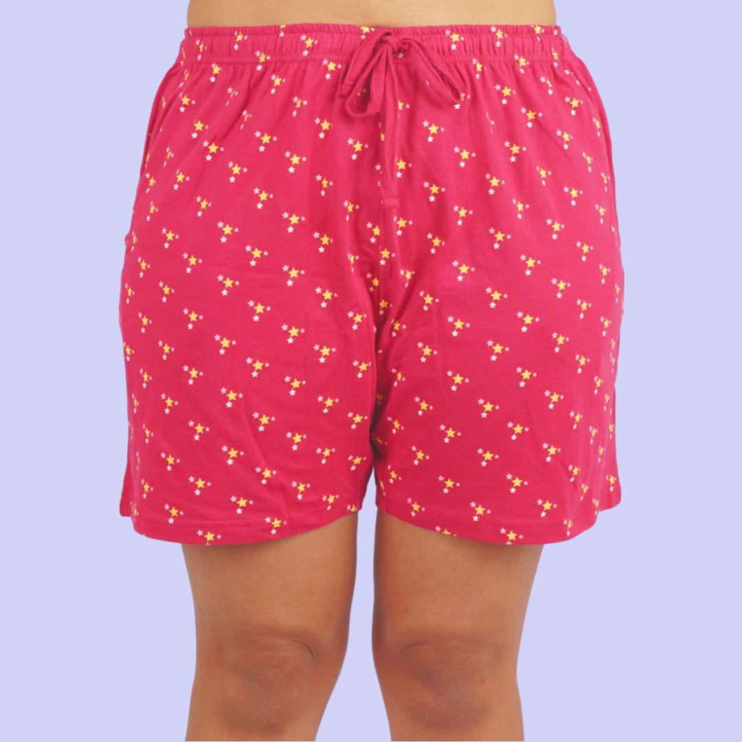 Cotton printed Night Shorts Set - Light Blue & Maroon