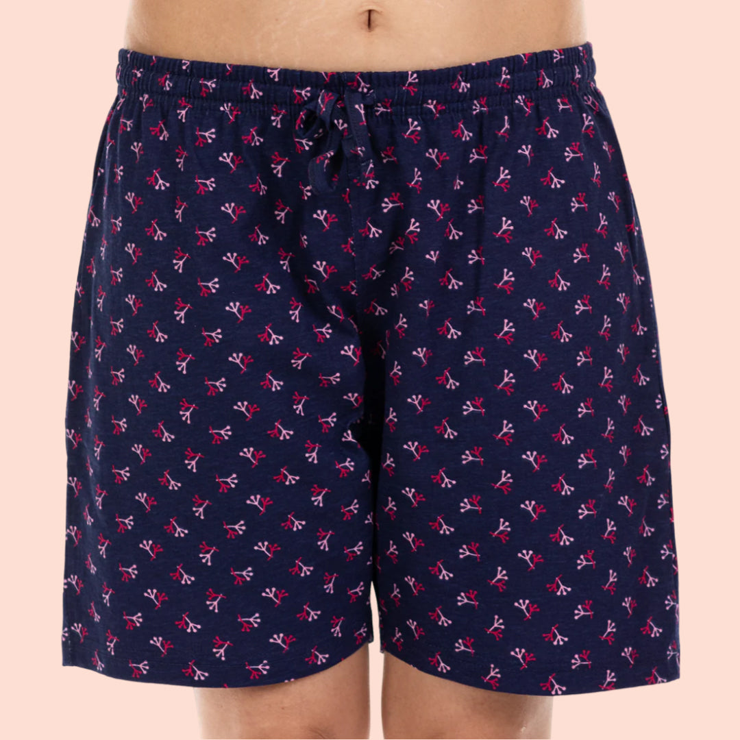 Cotton Printed Night Shorts Set -  Light Pink & Navy