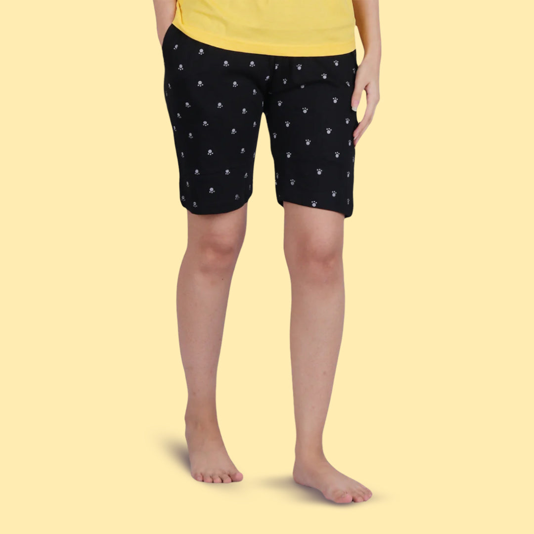 Cotton Printed Night Shorts Black and Grey