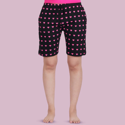 Cotton Printed Night Shorts Set - Pink & Black