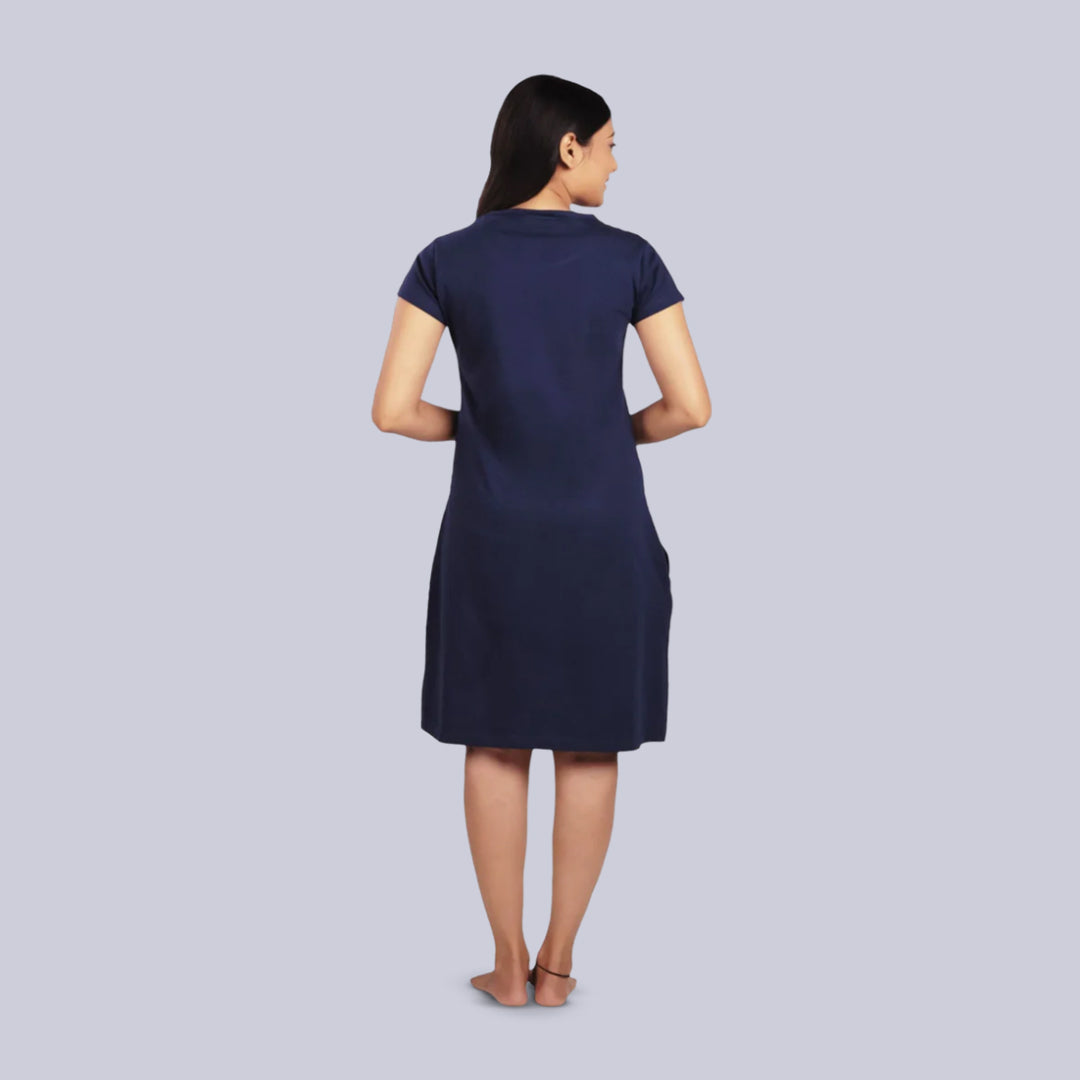 Cotton Knee Length Short Nightdress - Navy Blue