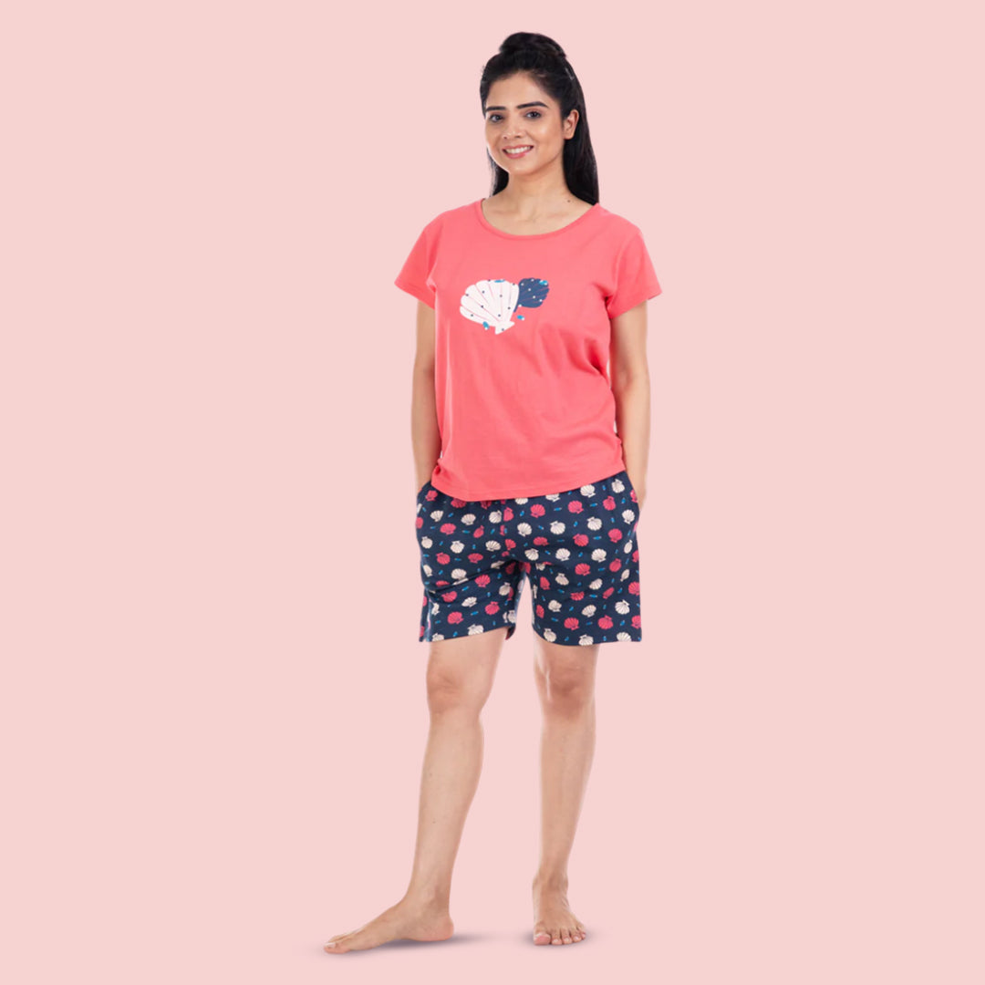 Cotton Printed Night Shorts Set - Coral & Navy Blue