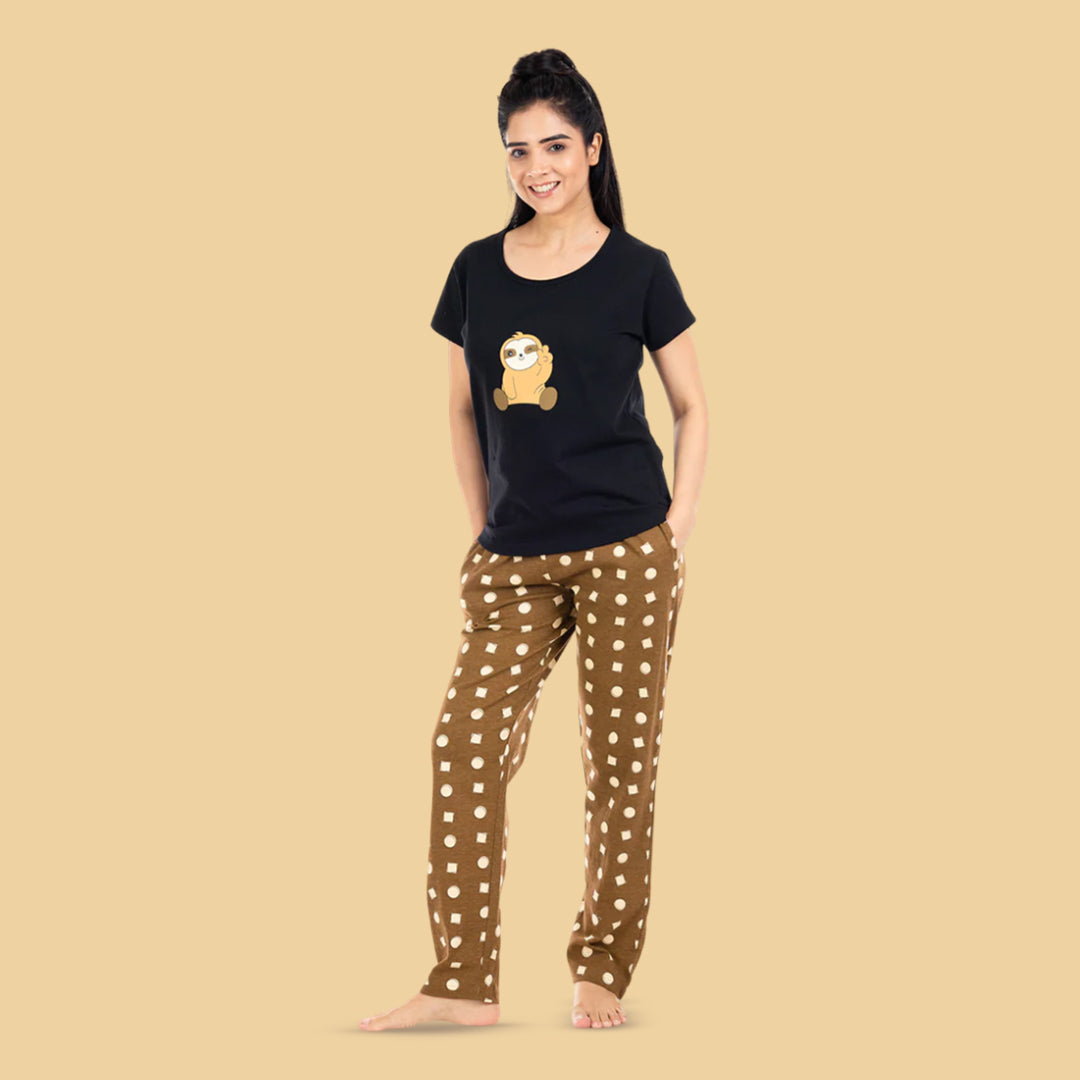 Cotton Night Suit Pajama Set- Brown & Black
