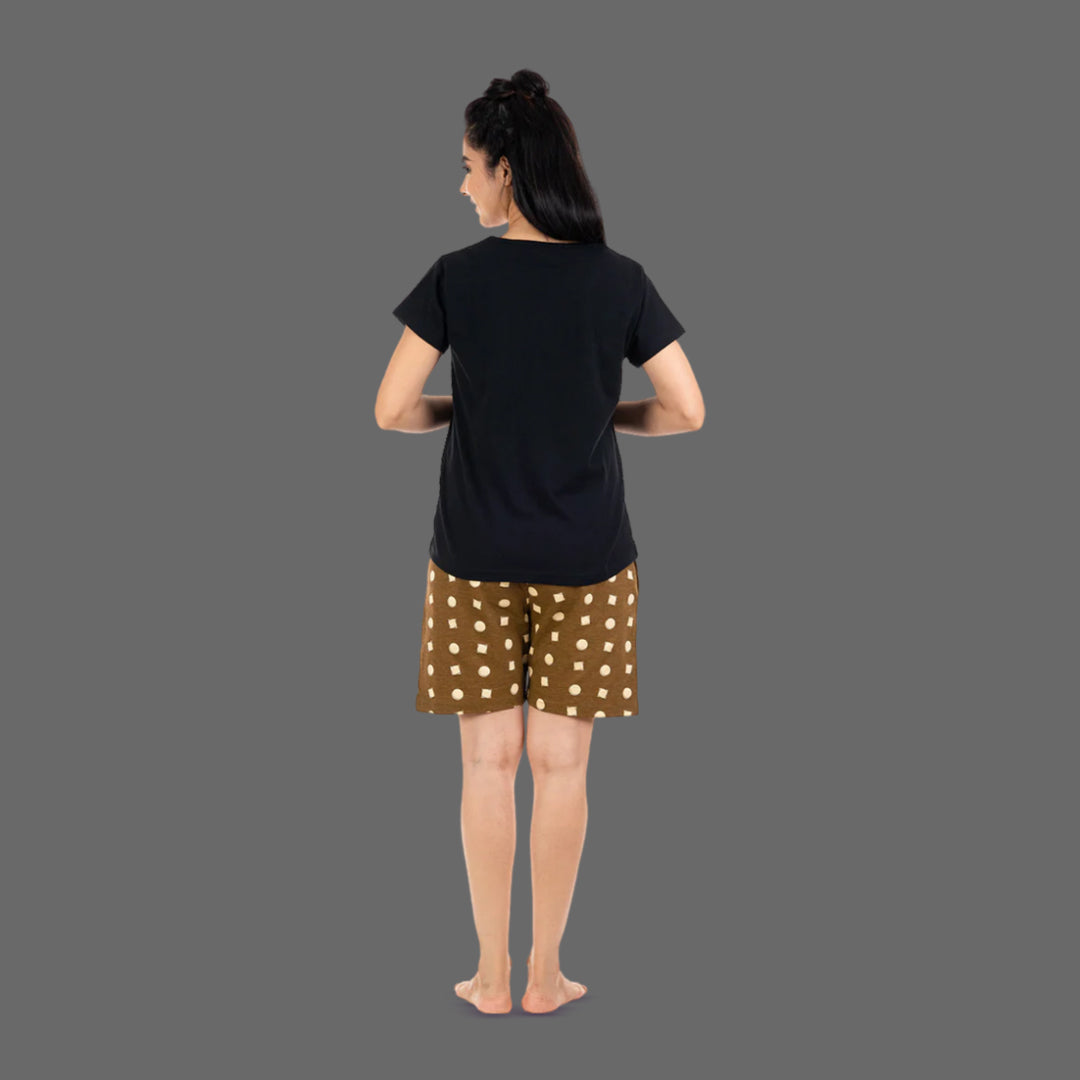 Cotton Printed Night Shorts Set -  Black & Brown