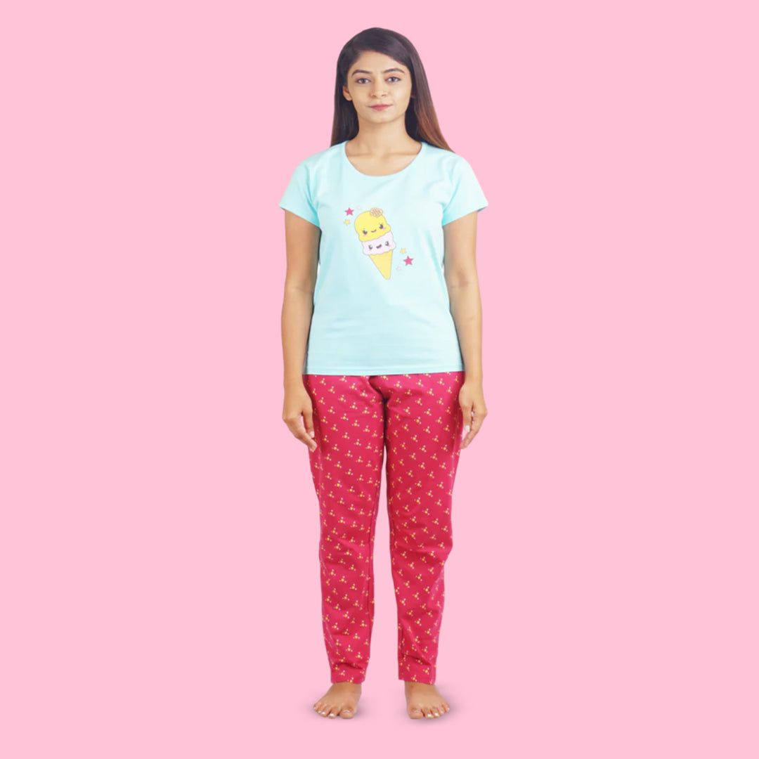 Cotton Night Suit Pajama Set - Light Blue & Maroon