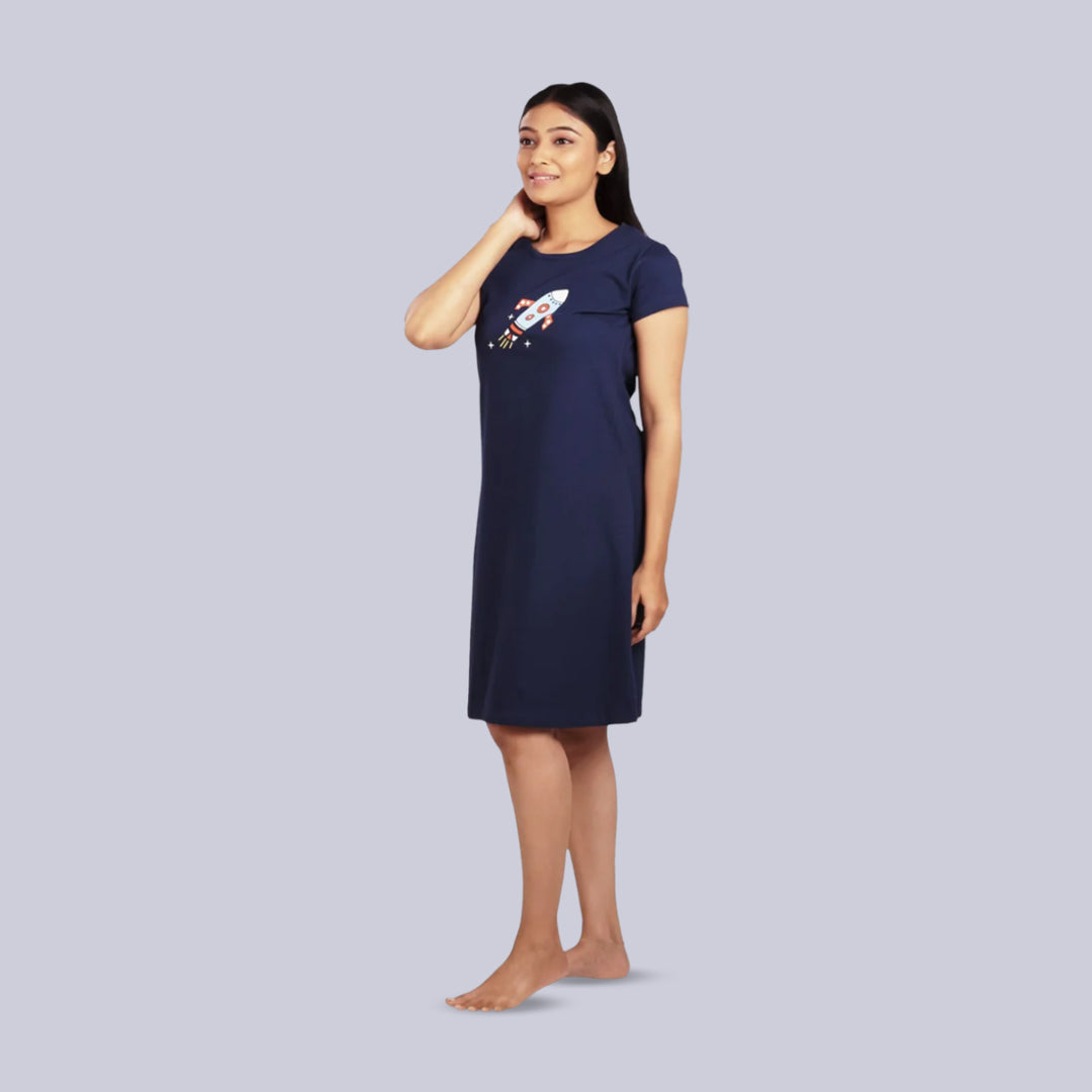 Cotton Knee Length Short Nightdress - Navy Blue