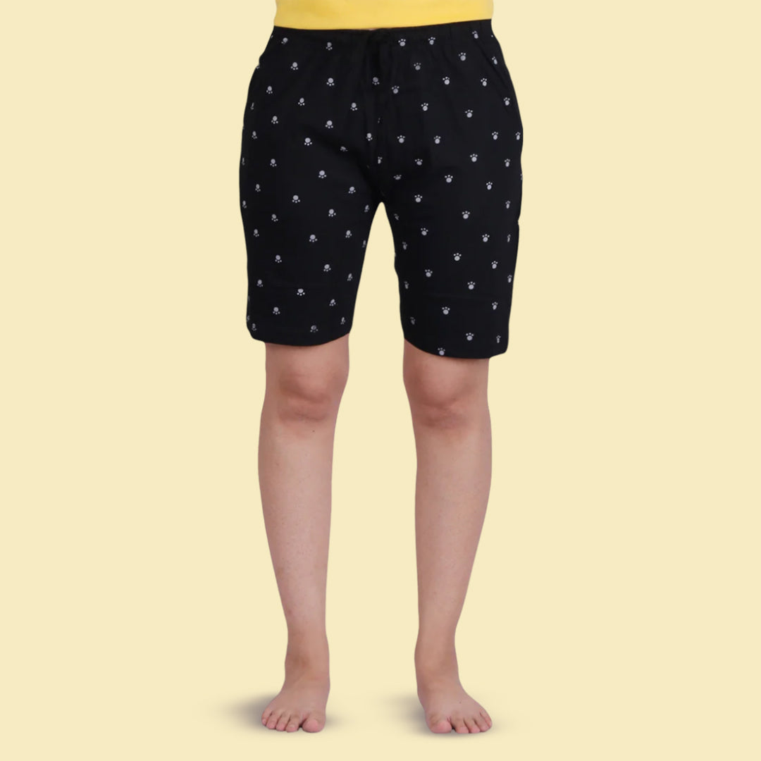 Cotton Printed Night Shorts Set - Yellow and Black