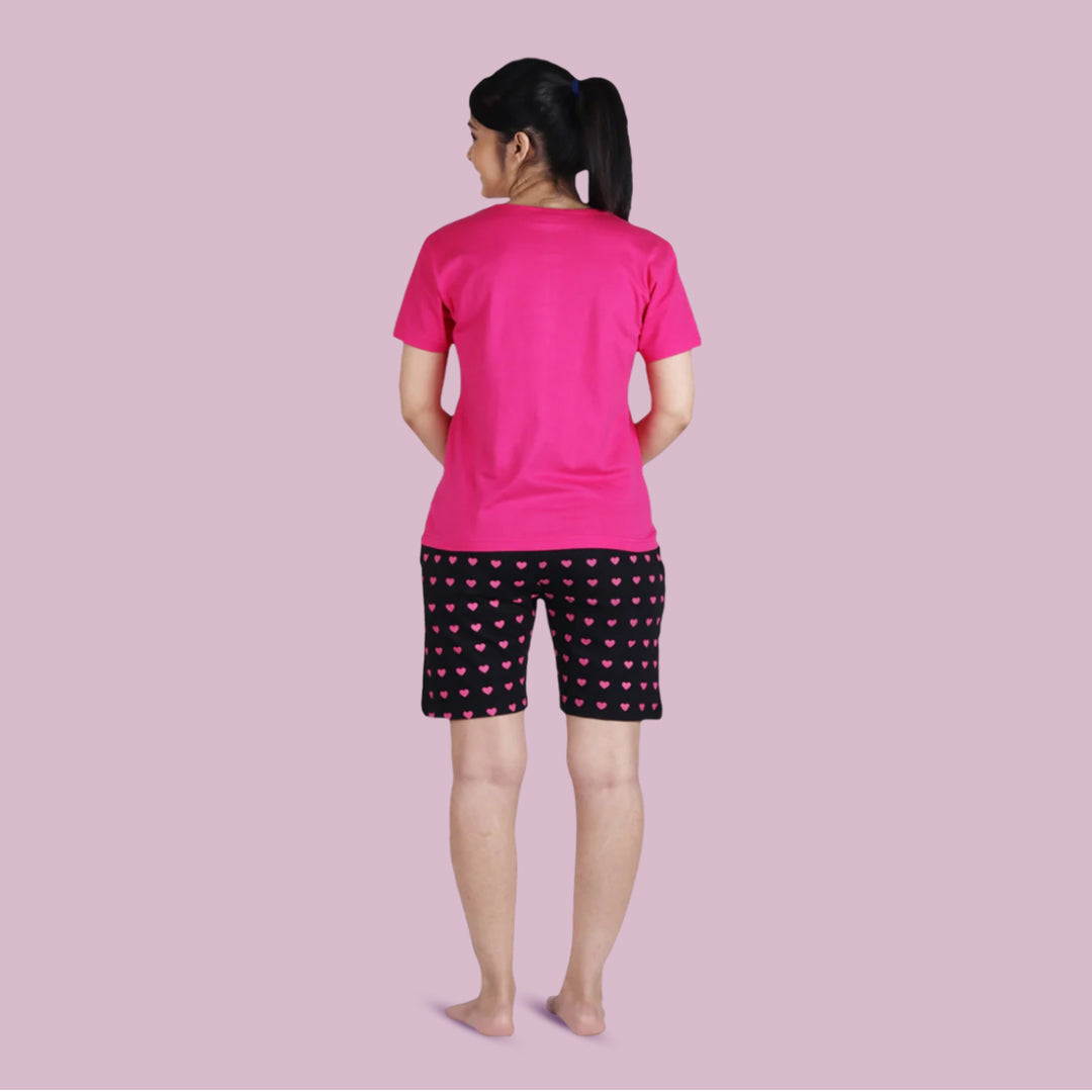 Cotton Printed Night Shorts Set - Pink & Black