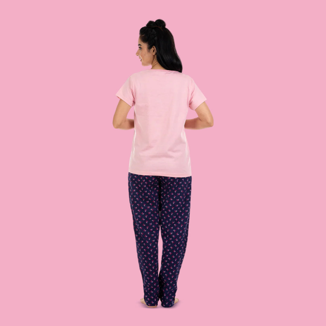 Cotton Night Suit Pajama Set- Light Pink & Navy Blue