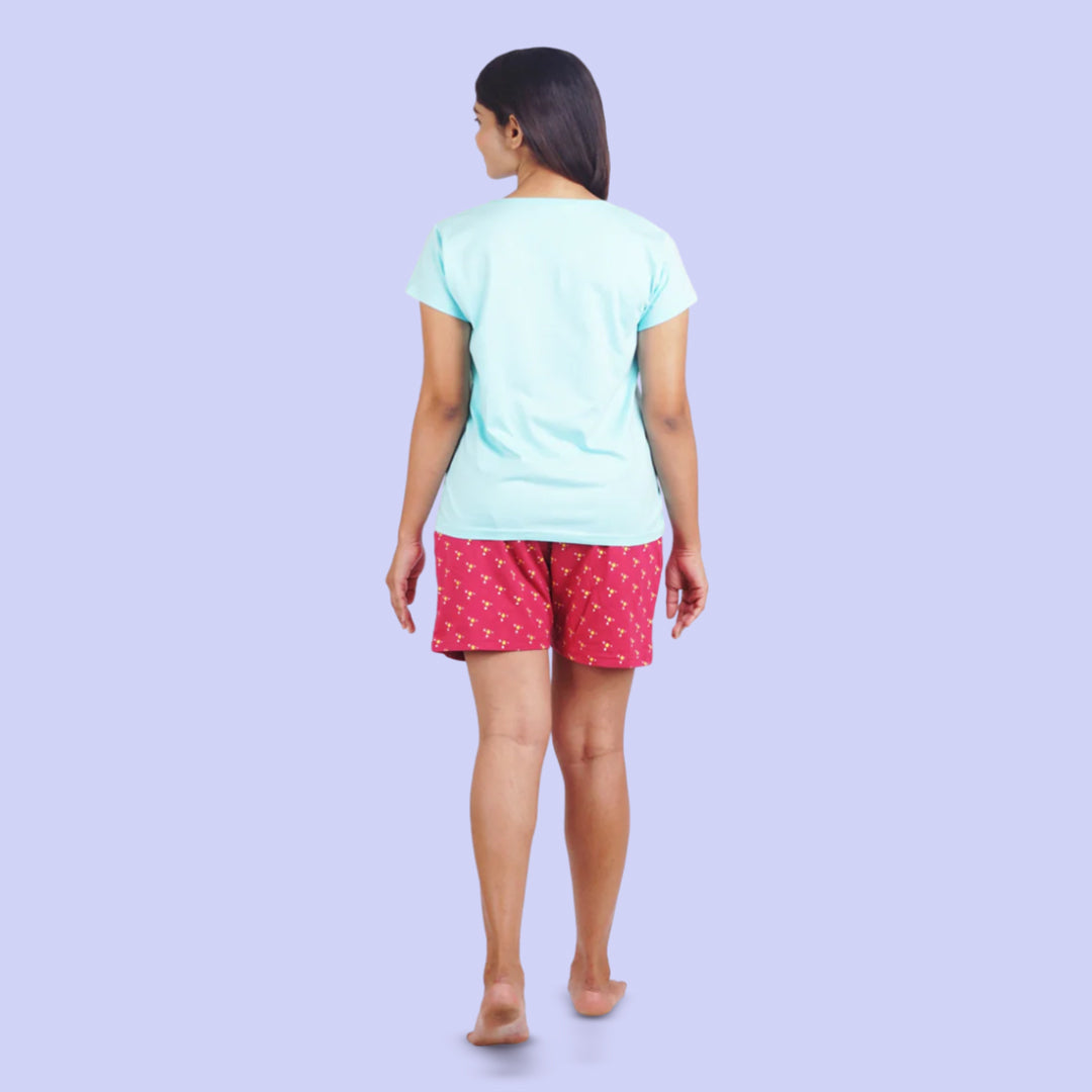 Cotton printed Night Shorts Set - Light Blue & Maroon