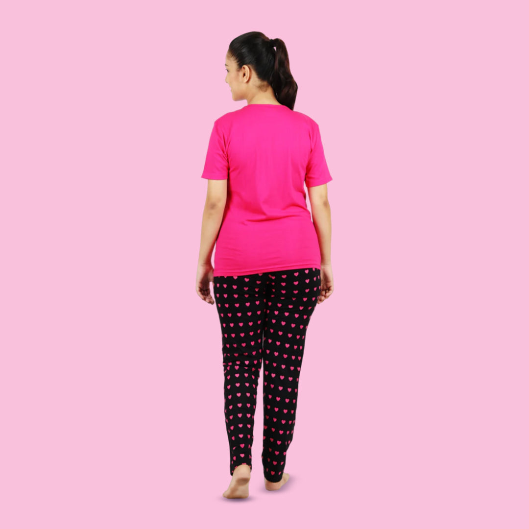 Cotton Night Suit Pajama Set - Pink and Black