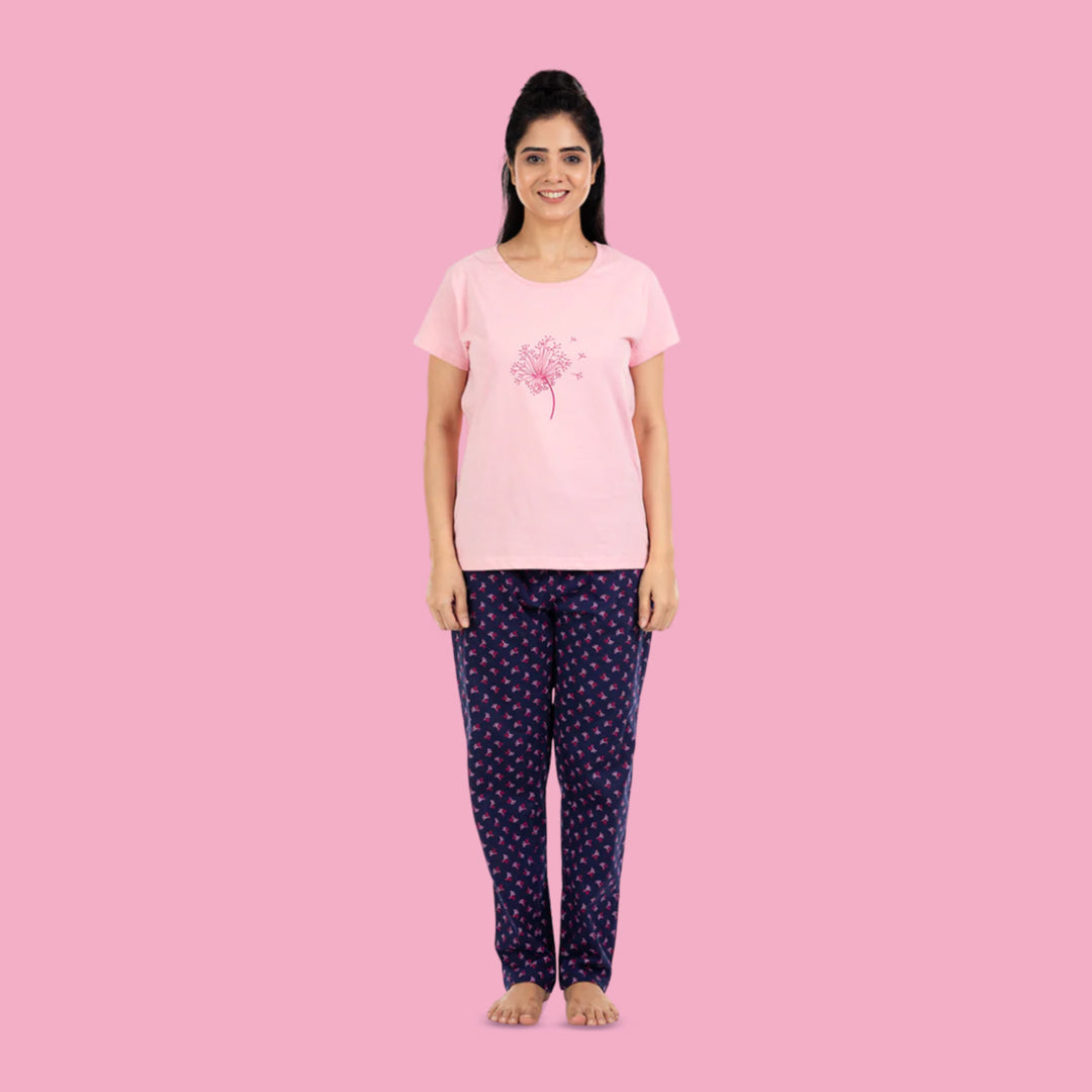 Cotton Night Suit Pajama Set- Light Pink & Navy Blue
