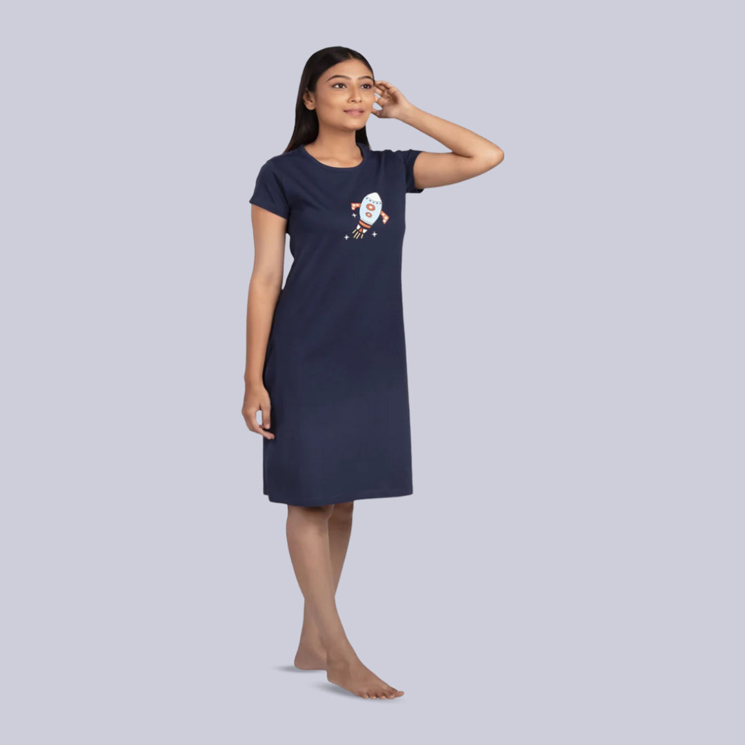 Cotton Knee Length Short Nightdress - Navy Blue