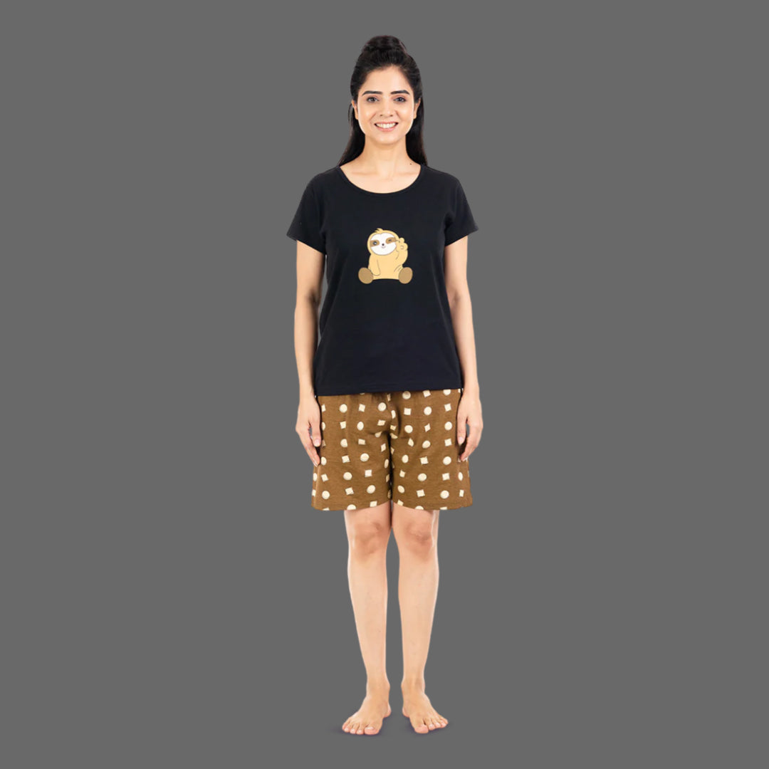 Cotton Printed Night Shorts Set -  Black & Brown