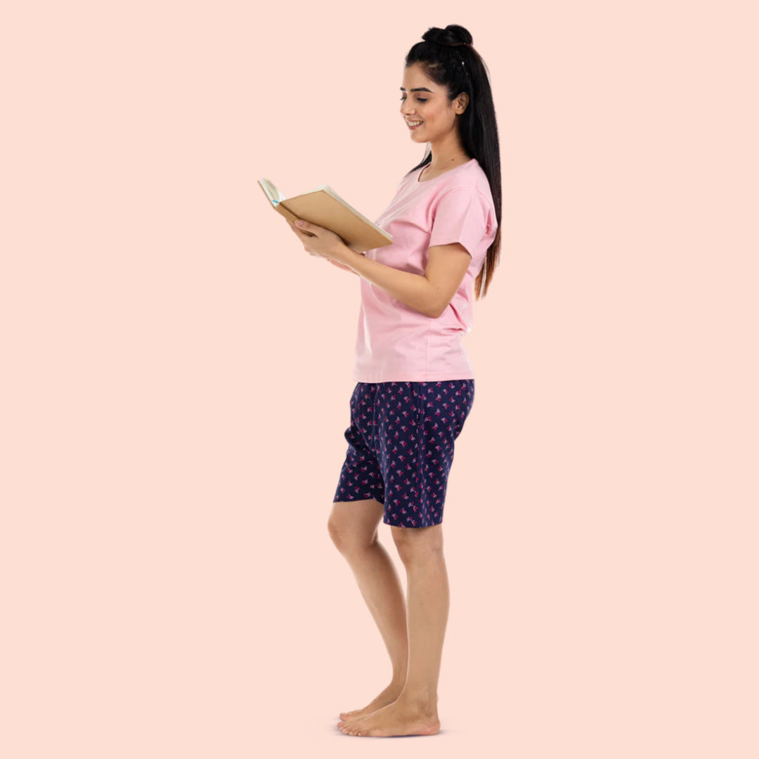 Cotton Printed Night Shorts Set -  Light Pink & Navy