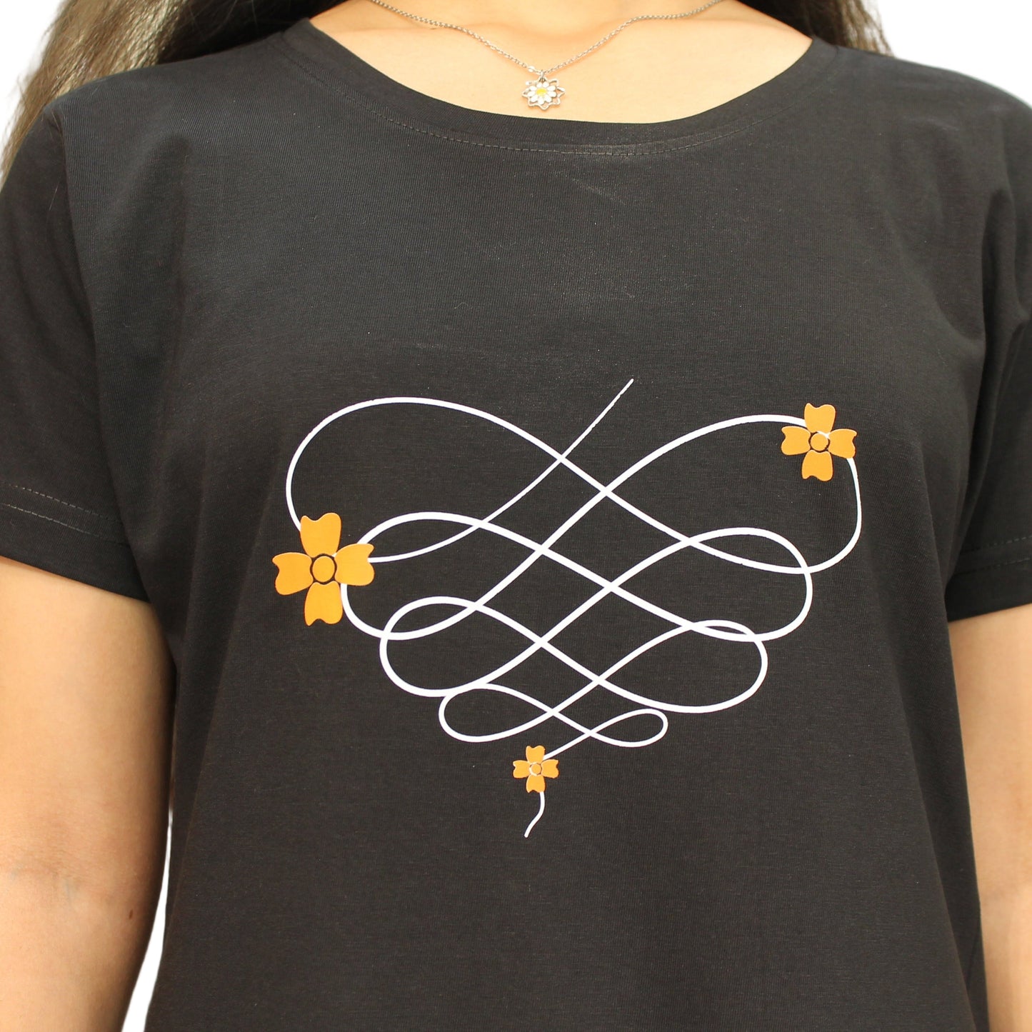 close up view of floral design in the chest area