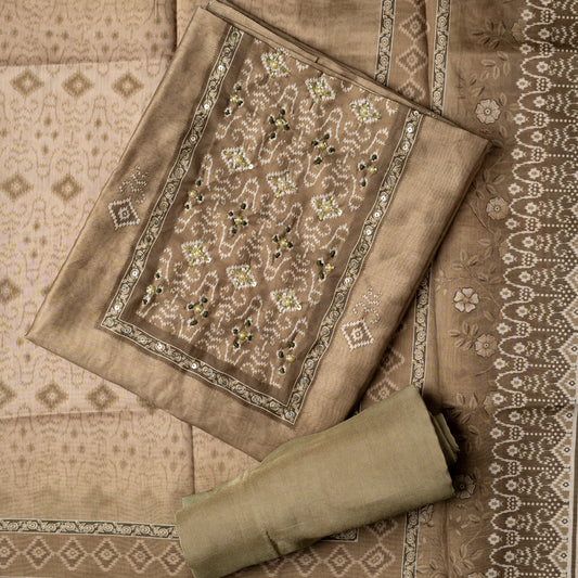 pastel greenl color silk unstitched salwar suit material with patola prints