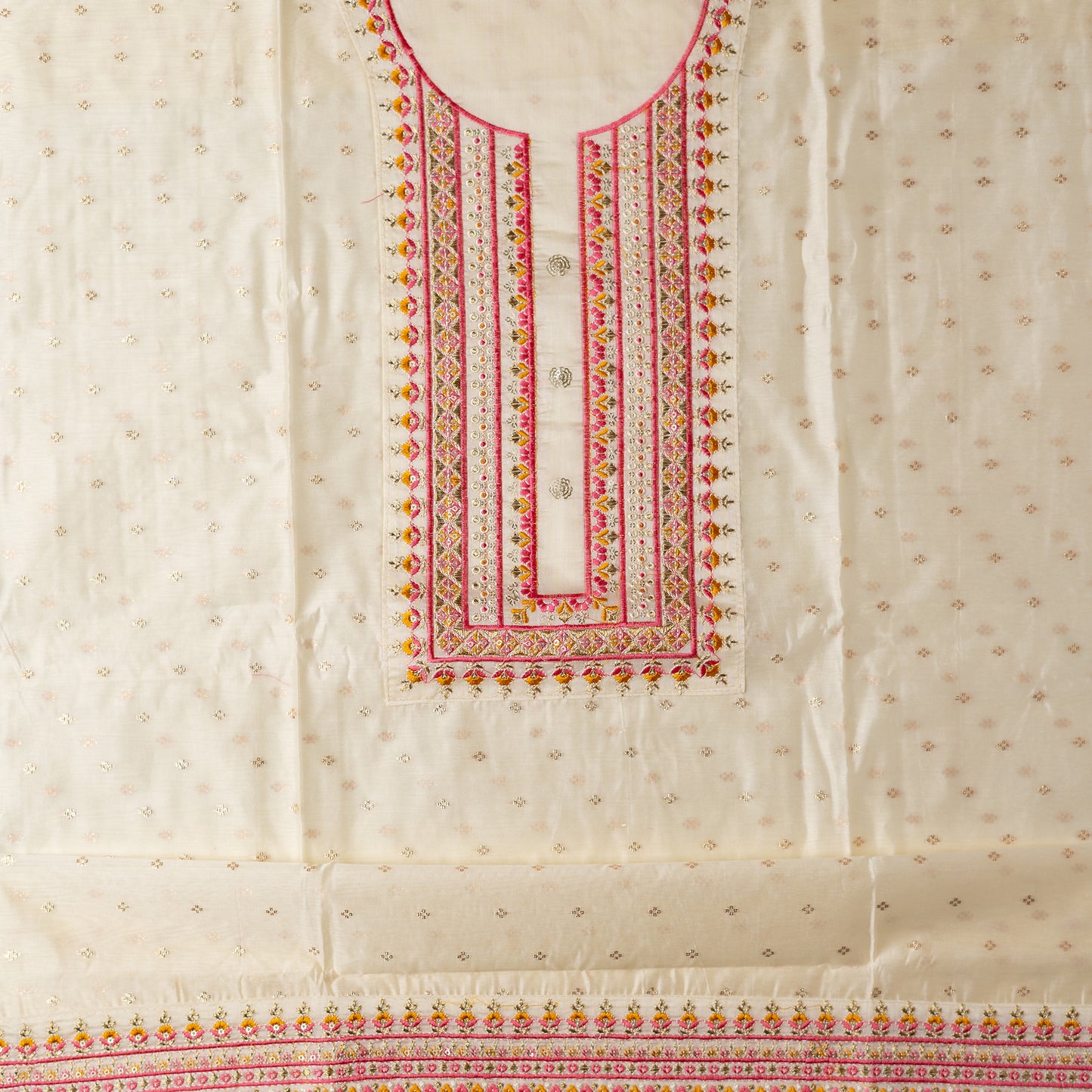 A unique design , perfect for your loved ones . Gift this beautifully embroidered chanderi silk unstitched salwar suit material. Top with embroidery work on neck line and golden thread jacquard small design weaving all over. The border of the dress is also embroidered elegantly.