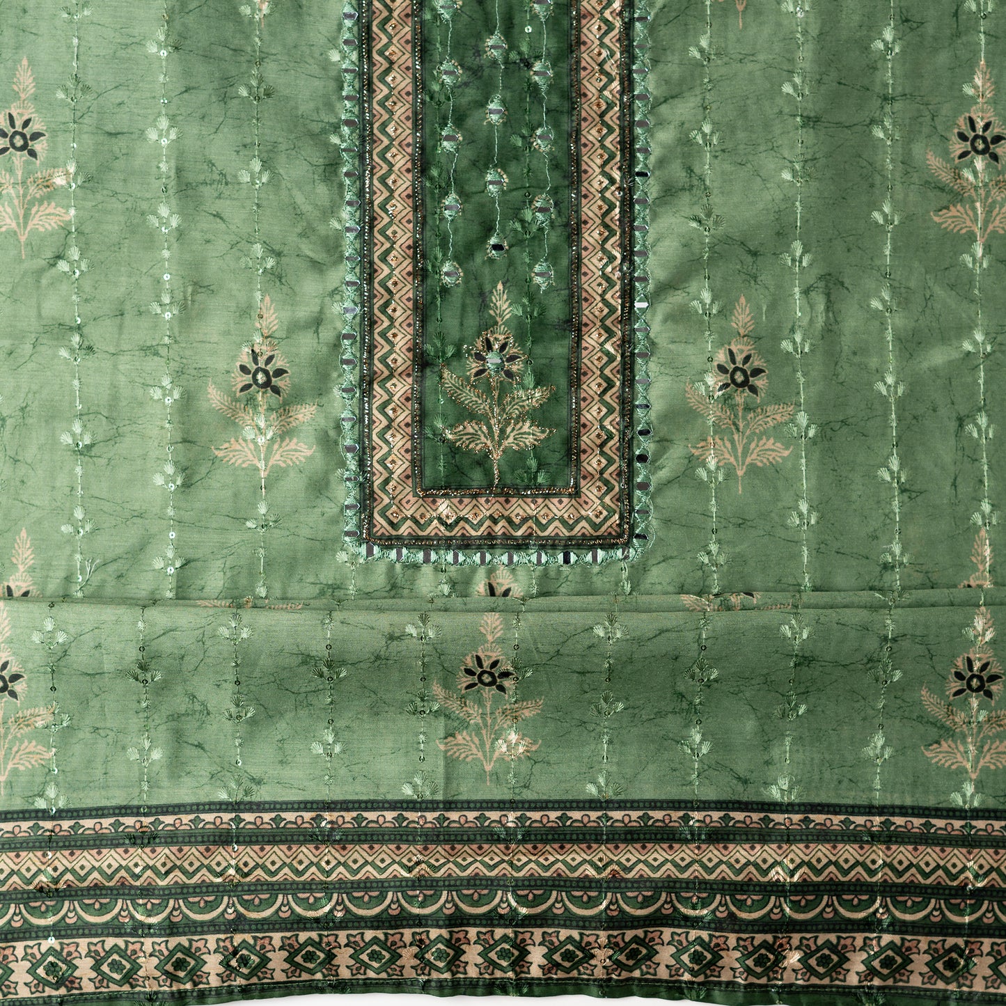 Chanderi silk dress material with print design, embroidery work, thread work and sequins work. It has zari and mirror work in neck area also.