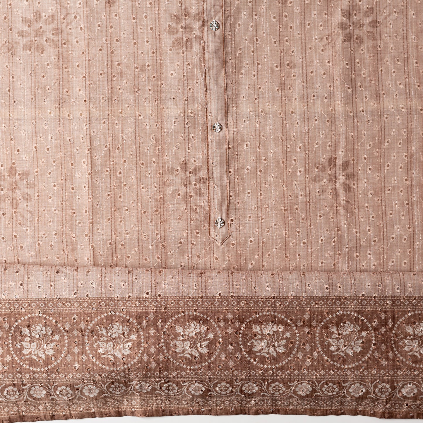 Chanderi silk dress material with hakoba design, it has floral shaded prints on the top and also show buttons in neck area.