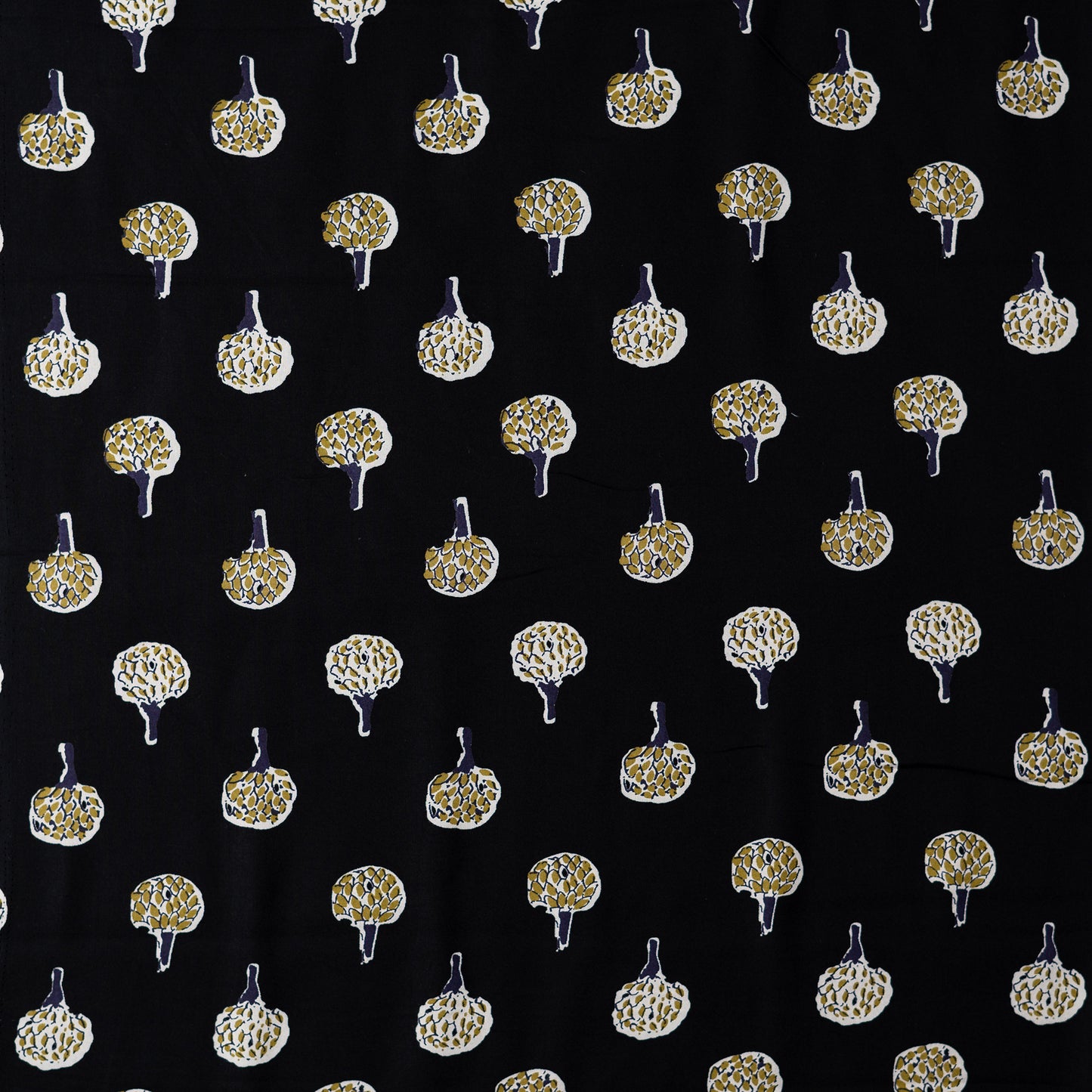 Black color rayon fabric with white , navy blue and green color prints.