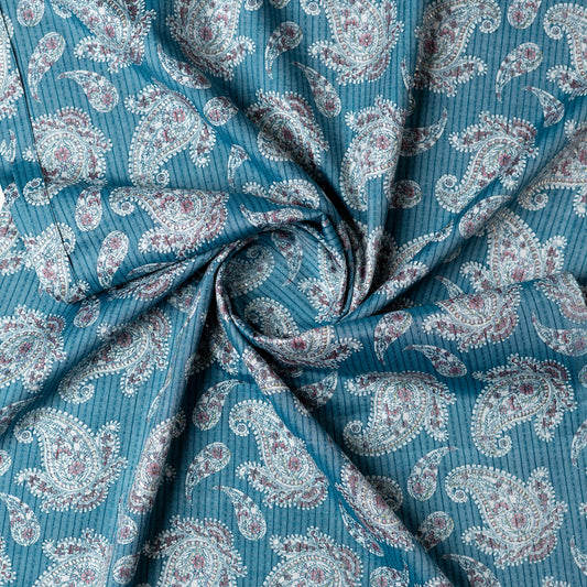 light blue printed fabric with foil print